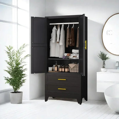 Steel Armoire Wardrobe Closet, 71" Metal Clothing Storage Cabinets with 2 Doors, 1 Adjustable Shelf and 2 Drawers, Wardrobes