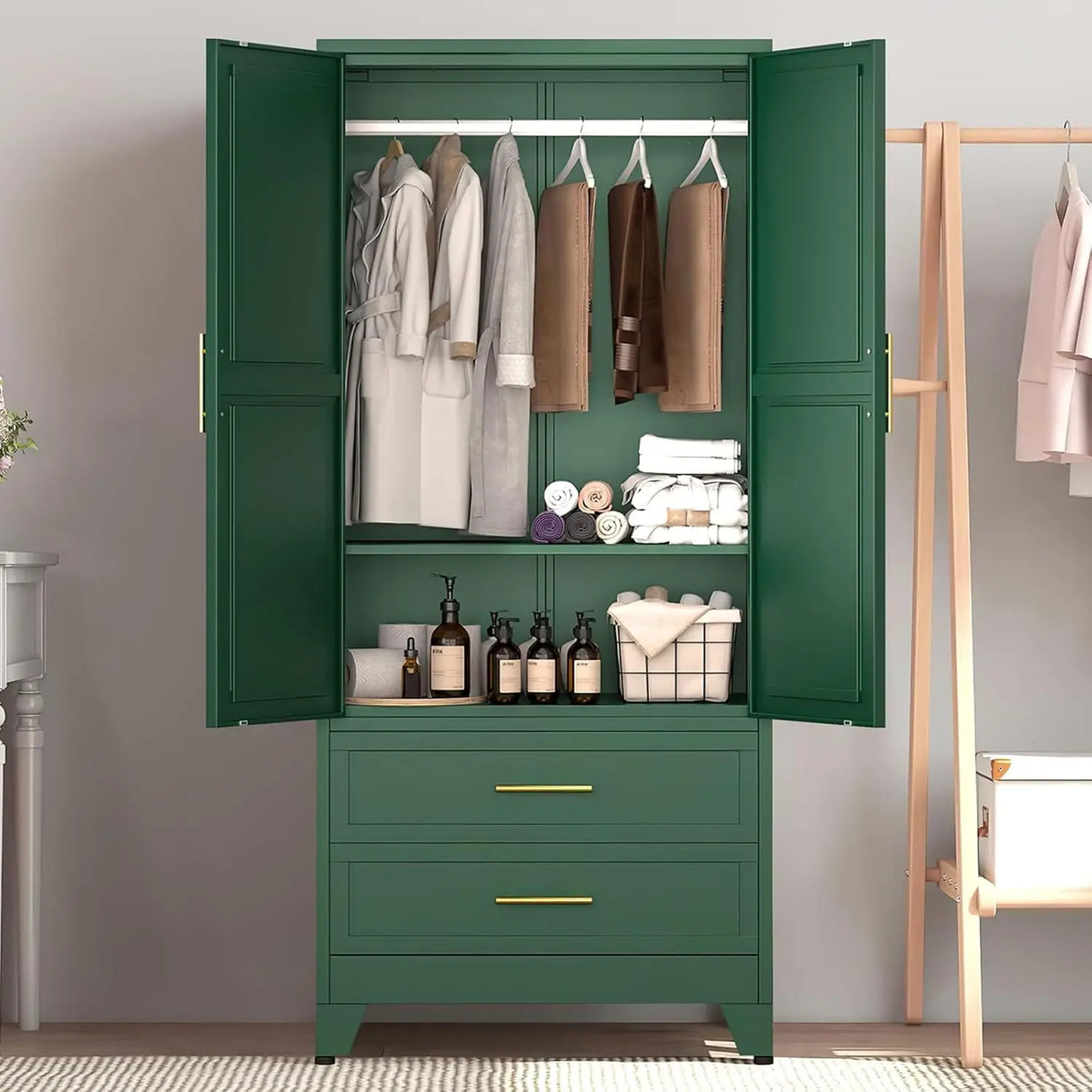 Wardrobe 71" Metal Armoire Wardrobe Closet with 2 Drawers, Freestanding 2-Door Tall Clothing Storage with Adjustable Shelves