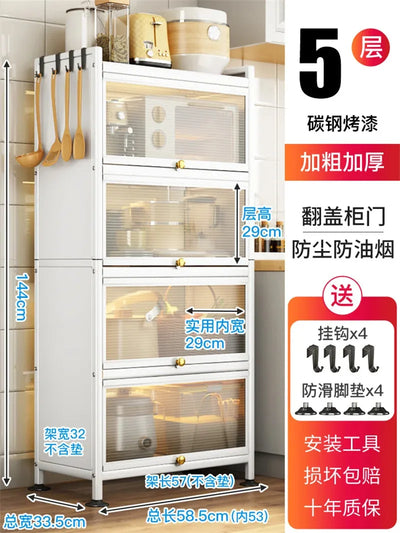 Modern Carbon Steel Kitchen Cabinets Home Storage Cabinet Multi-functional Multi-layer Microwave Oven Floor Rack with Flip Door