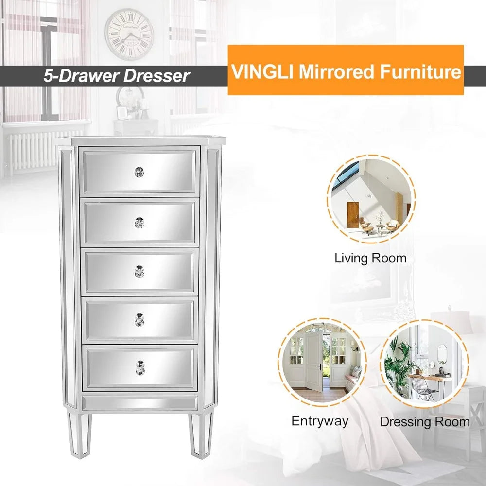 Mirrored Dresser 5 Drawers Modern Chest, Mirrored Chest of Drawers, Glass Dresser for Bedroom, Dressing Room, Living Room