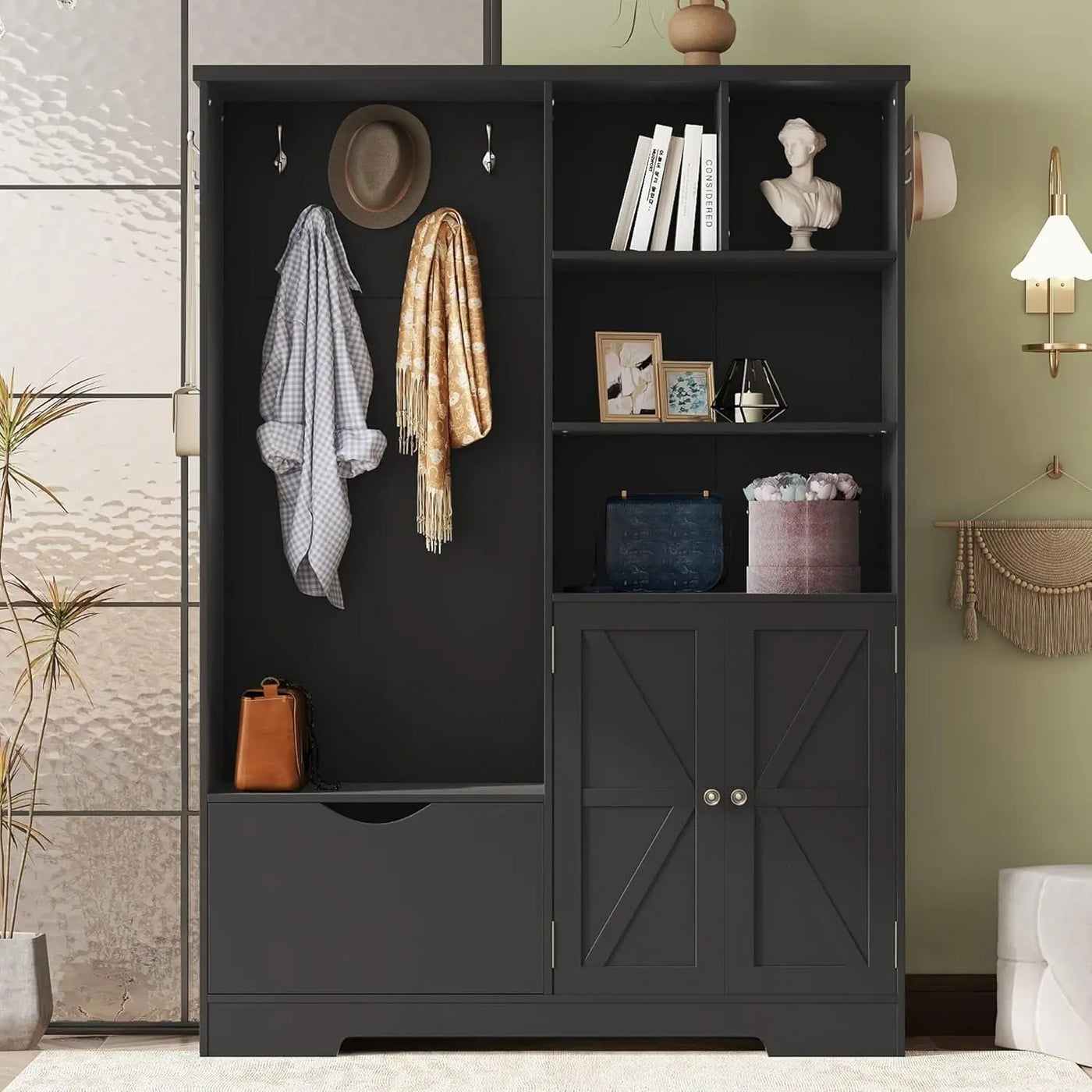 Coat Rack with Storage Bench, Shoe Cabinet with Cube Storage & Shelves, Hall Tree with 8 Hooks for Entryways, Clothes Racks