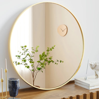 JHK Large Gold Round Vanity Framed Mirror for Wall Matte Metal Framed 30 Inch Modern Mirror Tempered Glass Bedroom Living Room