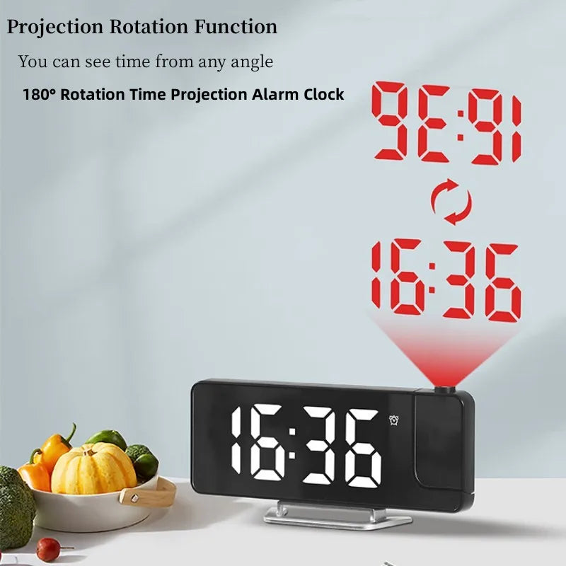 180° Rotation Projection Alarm Clock Temperature Date Night Mode Snooze Table Clock 12/24H USB Projector LED Digital Clock