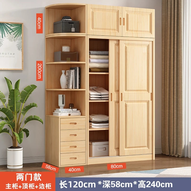 All solid wood pine sliding door wardrobe modern log children's clothes cupboard simple wardrobe home bedroom locker