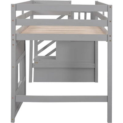 Low Loft Bed with Stairs, Twin Bed Frame for Kids with Storage, Gray