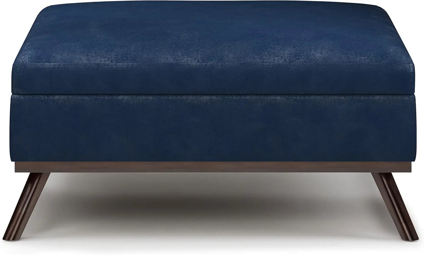 SIMPLIHOME Owen 36 Inch Wide Mid Century Modern Square Coffee Table Lift Top Storage Ottoman Upholstered Distressed Dark Blue