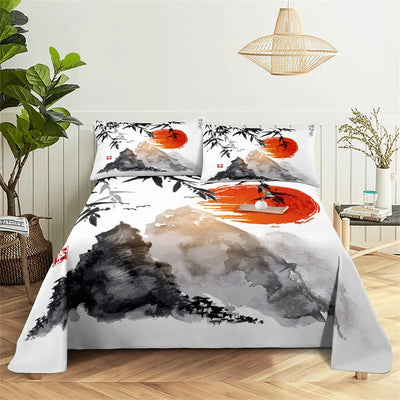 Chinese Ink And Wash Flat Sheet Bedding Digital Printing Polyester Full Size Set Cover With Pillowcase Printed Bedroom Decor