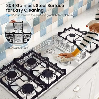 36 Inch 6-Burner Stainless Steel Gas Cooktop NG/LPG Convertible Spacious Cooking Easy to Clean