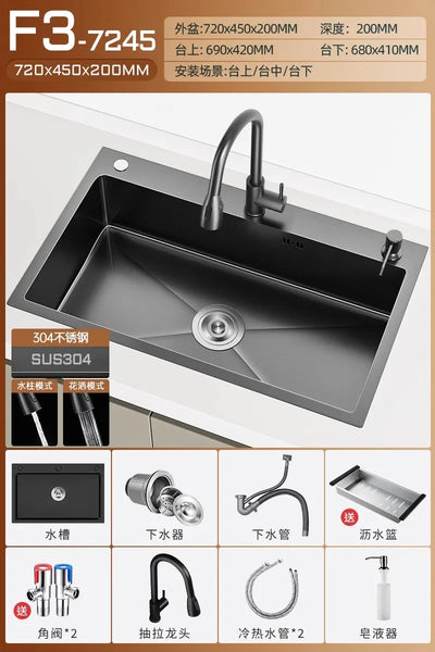 Stainless steel black sink, large single sink, hand-thickened kitchen under-counter basin, vegetable basin, dishwasher