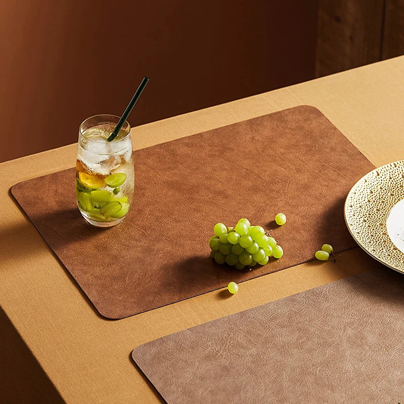 Light Luxury Solid Leather Placemat Coffee Brown PU Table Mat Waterproof Oilproof Heat-Insulated Plate Bowl Pad Table Decor