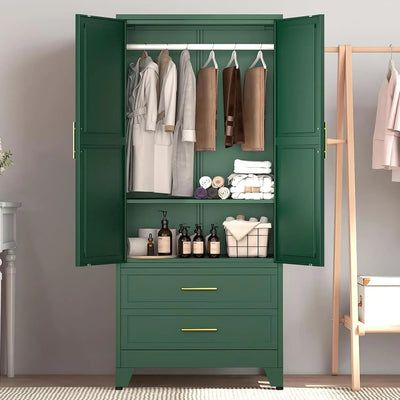 71" Metal Armoire Wardrobe Closet with 2 Drawers, Freestanding 2-Door Tall Clothing Storage with Adjustable Shelves and Hanging