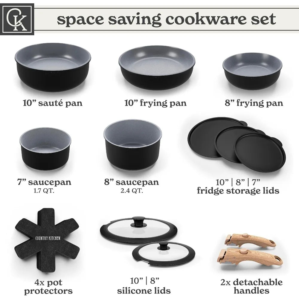 Cookware Set with Removable Handle, Oven & RV Safe Pots and Pans Set, Black/Grey Wood Handle