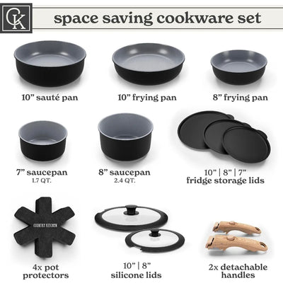 Cookware Set with Removable Handle, Oven & RV Safe Pots and Pans Set, Black/Grey Wood Handle