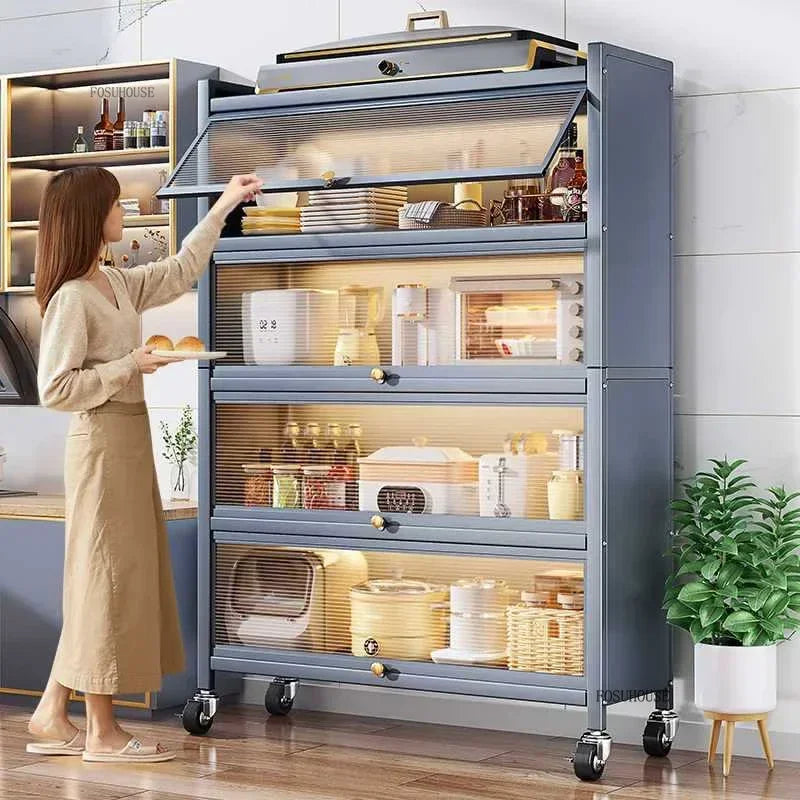 Multifunction Storage Cabinet Nordic Carbon Steel Kitchen Cabinets Home Multi-layer Microwave Oven Floor Rack with Flip Door H