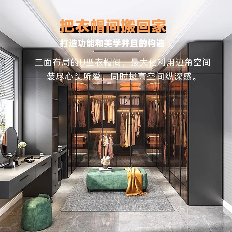 Solid wood wardrobe, bedroom home glass door L-shaped modern light luxury corner cloakroom storage cabinet combination wardrobe