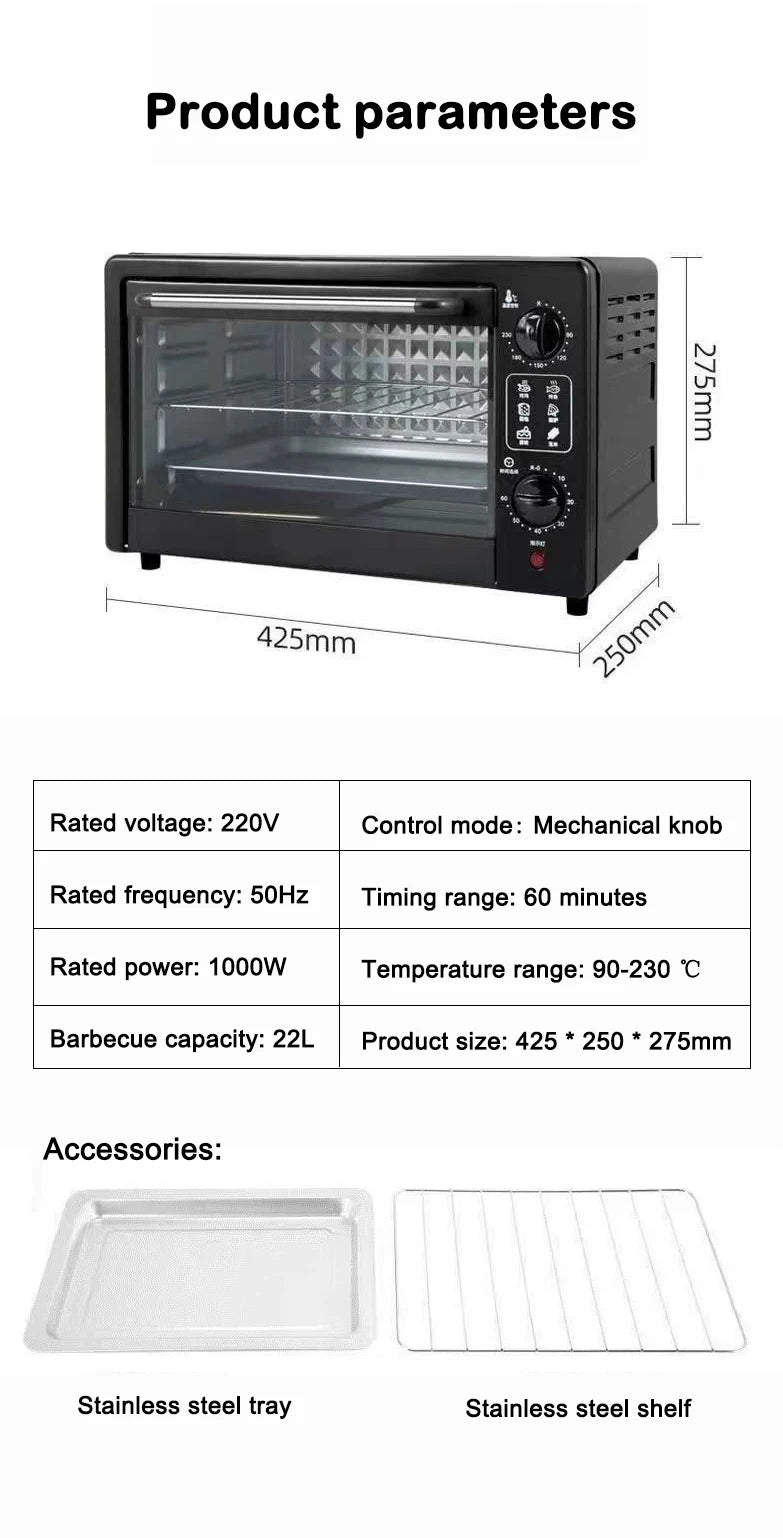 DMWD 22L Household Electric Oven Multifunctional Roaster Timing Baking Oven Grill Cake Pizza Breakfast Baking Machine 1000W