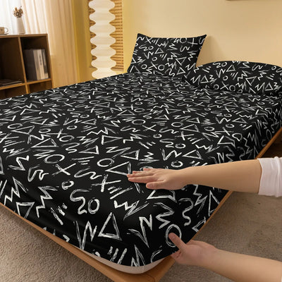 1 black background matte bed sheet with random patterns, bedroom printed bed cover, bedding (excluding pillowcases)