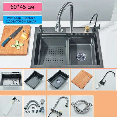 Nano Kitchen Sink 201 Stainless Steel Kitchen Waterfall Sink Digital Display Large Single Sink Dish Basin  With Faucet