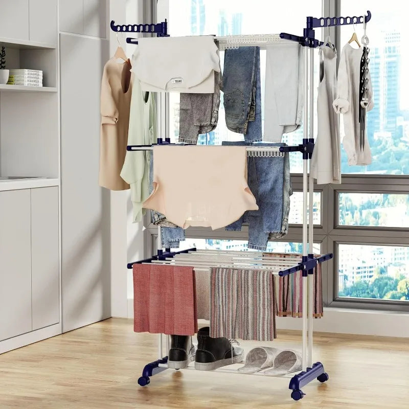 Clothes Drying Rack,Folding Clothes Rail Storage Rack, 4 Tier Clothes Horses Rack Stainless Steel Laundry Garment Dryer Stand