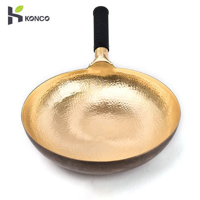 30/32/34cm Brass Wok Hand Hammered Copper Wok Uncoated Cooking Pot Seasoned Woks for Kitchen Gas Stove