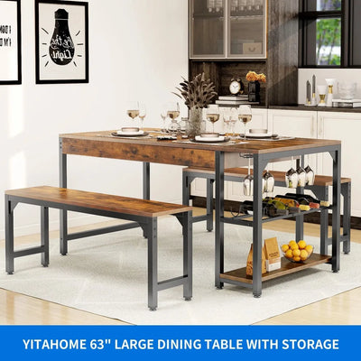 63in Dining Table Set, 3 Piece Dining Room Table Set for 4-8, Kitchen Dining Table with 2 Long Bench, Storage, Wine Glass Holder