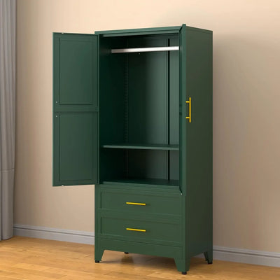 71” Metal Storage Cabinet with 2 Doors, 1 Adjustable Shelf and 2 Draws, Armoire Wardrobe Closet with Hanging Rods