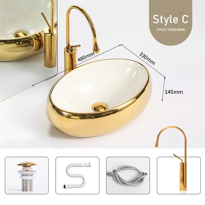 Modern Minimalist Gold Ceramic Tabletop Basin European Style Household Washbasin Basin Square Light Luxury Bathroom Wash Basins