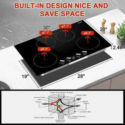 30 inch Induction Cooktop Built-in Electric Induction Stovetop 4 Burners,Boost/Bridge Mode/10 Power Levels/Timer/Safety Lock