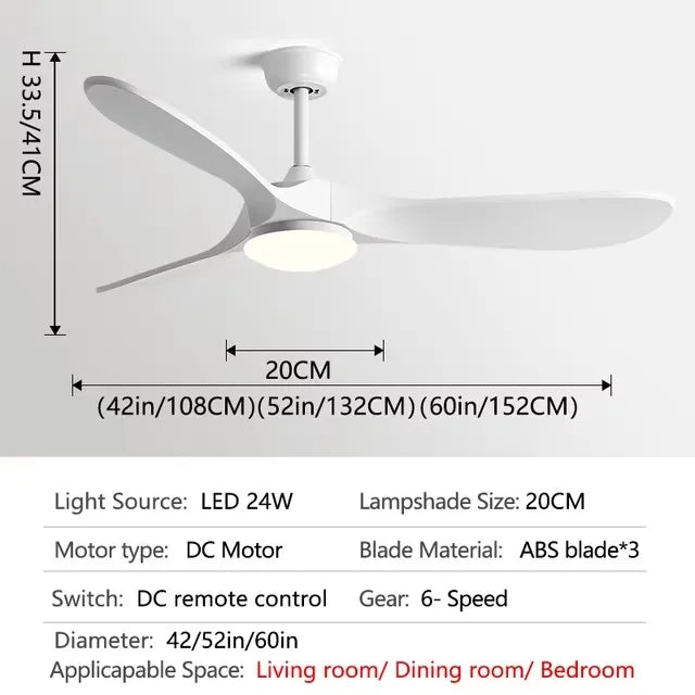 42/52/60Inch 3 ABS blade DC 35W pure copper motor Ceiling Fan with Remote Control and 20W LED Light Restaurant Fan