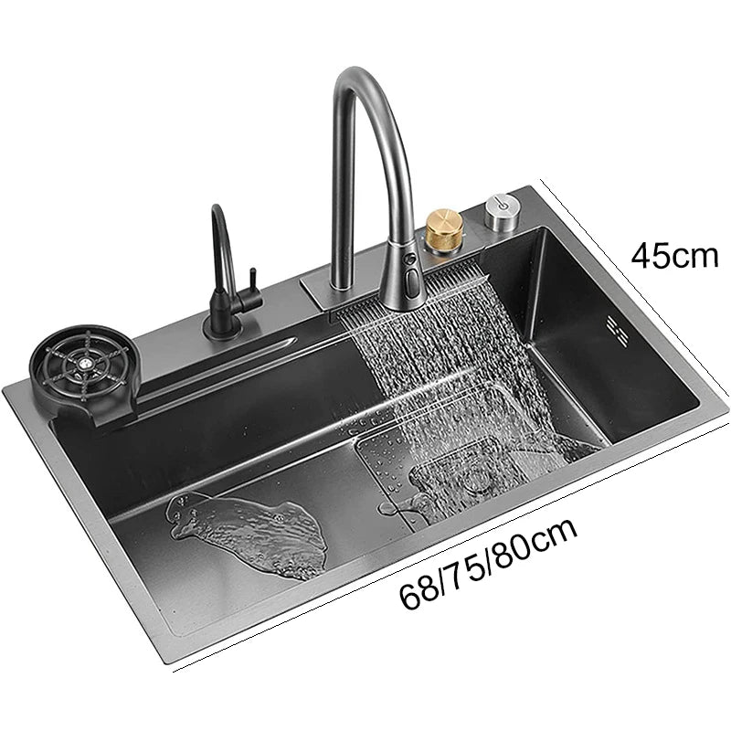 Multifunction Black Nano Kitchen Sink Waterfall Faucet Large Single Bowl Cup Washer Pure Tap Soap Dispenser 304 Stainless Steel