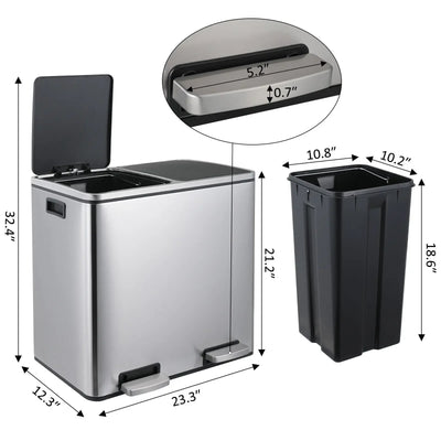 Kitchen Trash Can with Foot Pedal Soft-Close Stainless Steel Smudge Resistant Garbage Bin, 30L/48L,Dual Compartment,Soft Closure