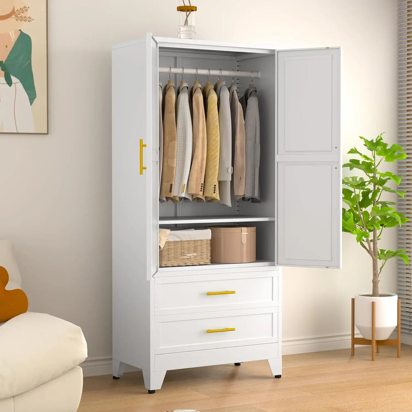 71.39" H Metal Armoire Wardrobe Closet with 2 Drawers, Adjustable Shelve, Clothes Drying Pole,Steel Wardrobe Cabinet for Bedroom