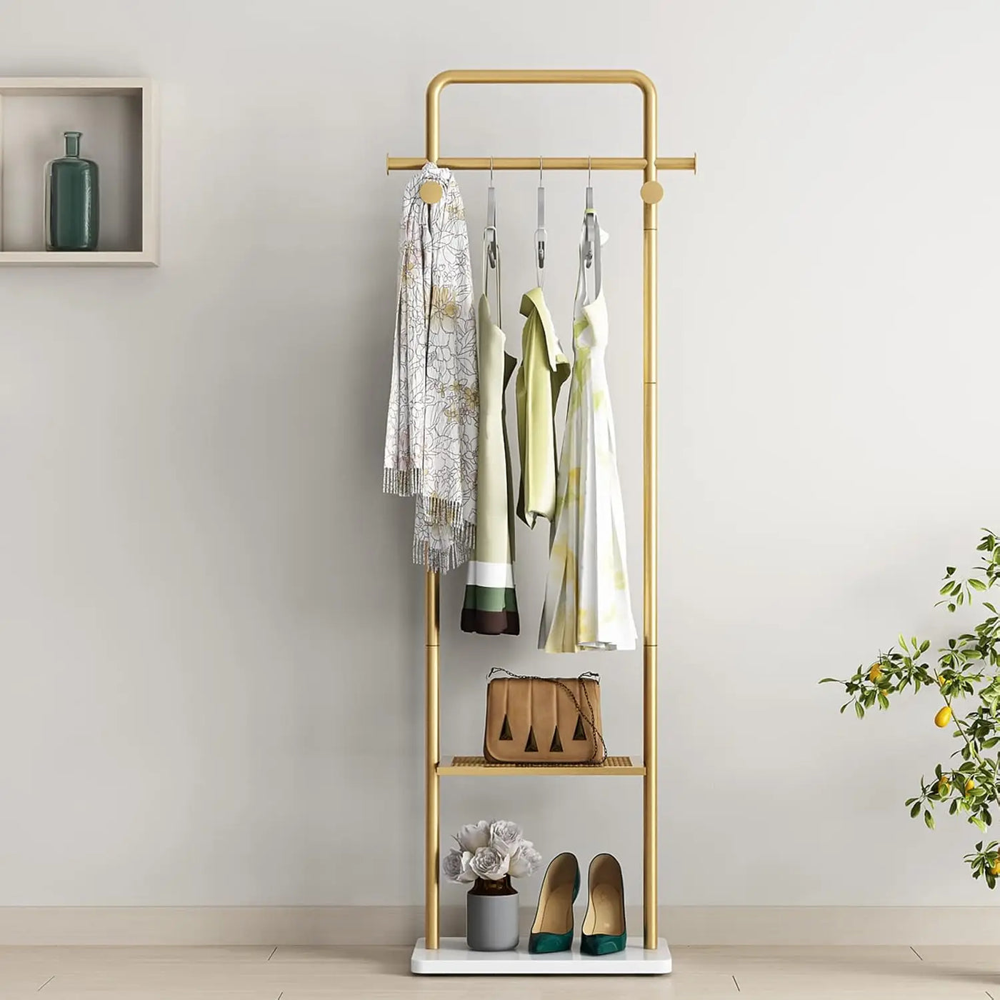 TIEOU Gold Clothes Rack with Shelf, Gold Clothing Racks for Boutiques, Free-Standing Garment Gold Coat Rack, Small Metal Clothes