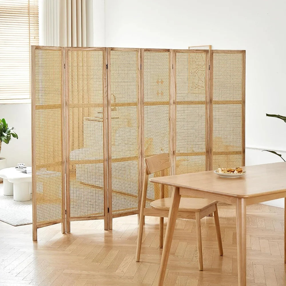 6 Panel Room Divider Wall, 5.6 Ft Tall Rattan Room Divider, Foldable Wood Room Divider, Folding Privacy Screens, Freestanding