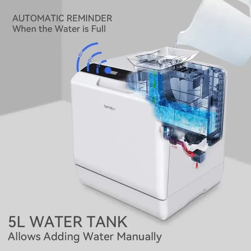 Hermitlux Countertop Dishwasher, 5 Washing Programs Portable Dishwasher With 5-Liter Built-in Water Tank, No Hookup Needed