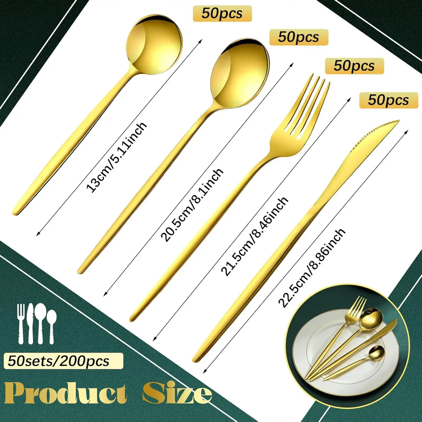 200 Pcs Gold Silverware Set with Knives Spoons and Forks Portable Stainless Steel Flatware Set Reusable Gold Utensils