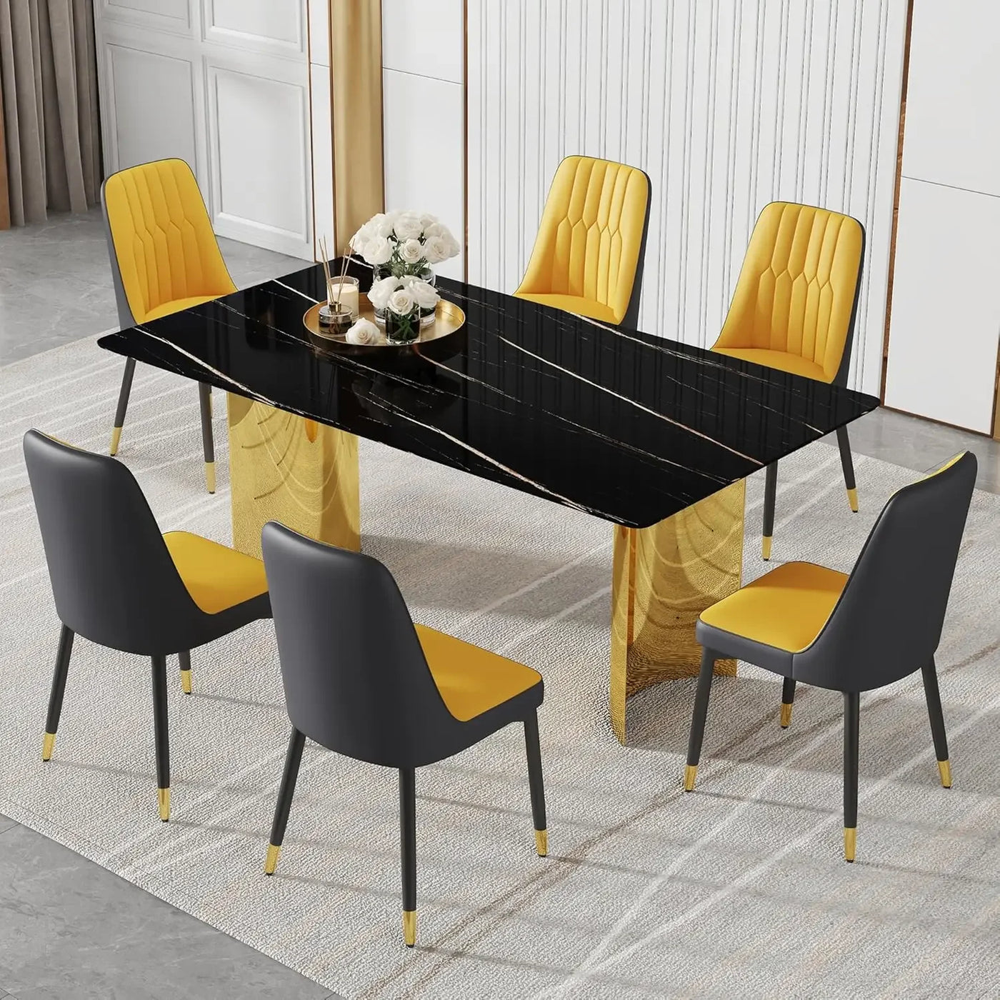 71" Dining Table Set for 8, Faux Marble Top and Gold Chrome Leg Dining Table for Kitchen, Dining Tables Set