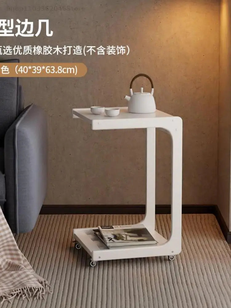 Solid Wood Sofa Side Table Cabinet Movable Table With Wheels Mini Coffee Table Living Room Small Apartment C- Shaped Small Tea