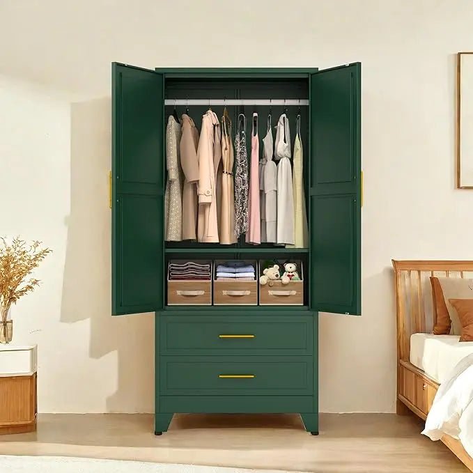 Metal Armoire Wardrobe Closet, Bedroom Clothing Storage Cabinet with 2 Drawers and Hanging Rod, Freestanding Armoire