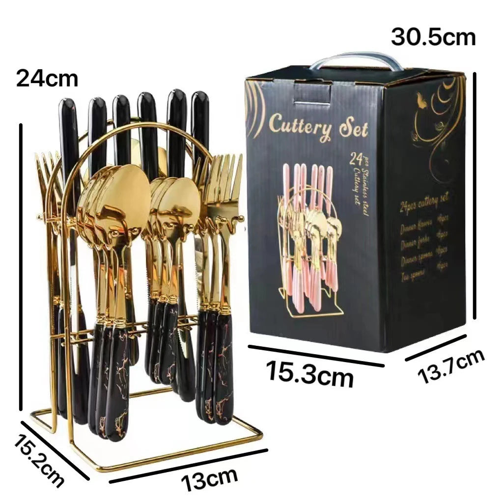 LMETJMA 24 Pcs Flatware Set Stainless Steel Knives Forks Spoons Cutlery Set Service for 6 Kitchen Utensil Tableware Set JT378