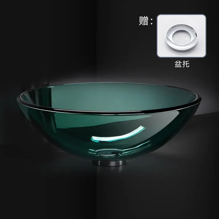 42cm Round Tempered Glass Sink Blue Bathroom Washbasin Hotel Balcony Countertop Art Basin Transparent Bowl Basin With Drain Sets