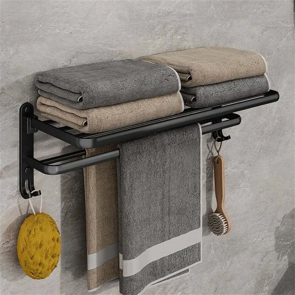 Matte Black 50CM Folding Holder With Hook Towel Holder Wall Mount AluminumTowel Rack