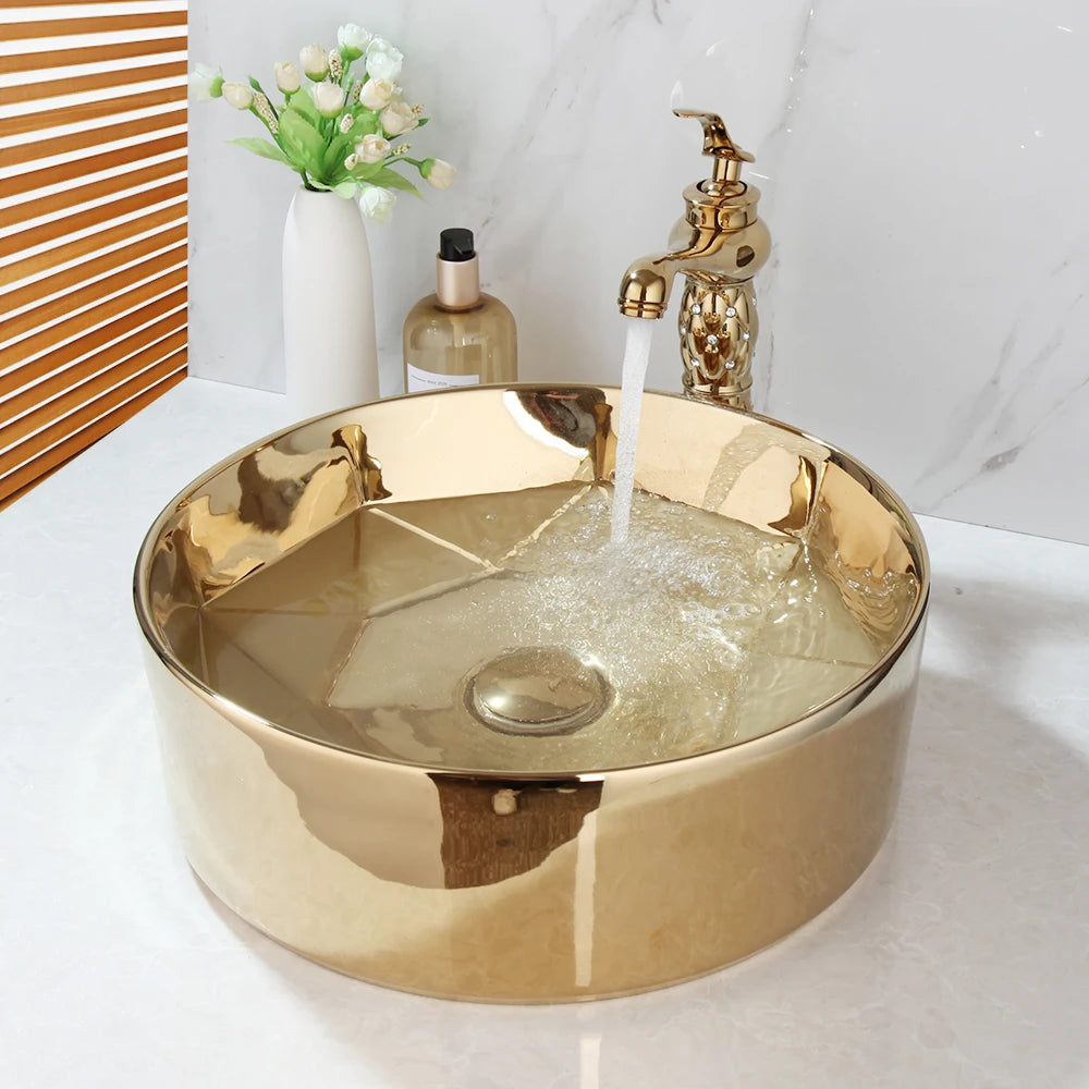 Monite Golden Plated Ceramic Round Bathroom Combine Faucet Set Lavatory Washbasin Sink Diamond Setting Mixer Faucet w/ Pop Drain