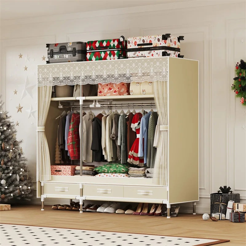 Simple wardrobe, durable and practical, easy to assemble, Christmas atmosphere, mesh cover and drawers