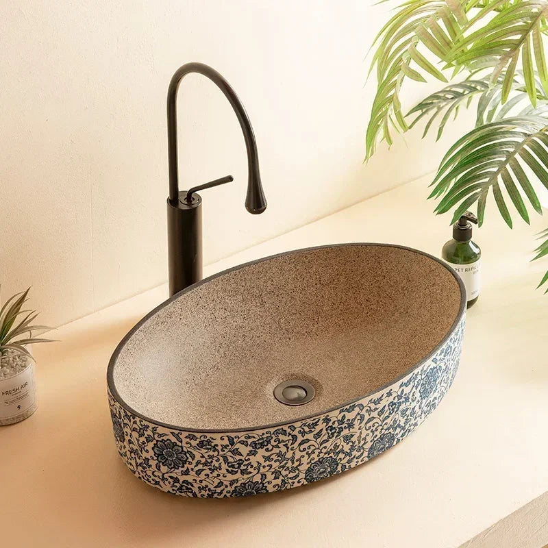 Blue and white porcelain ceramic basin oval retro balcony wash hands single basin toilet wash face bathroom sink washbasin