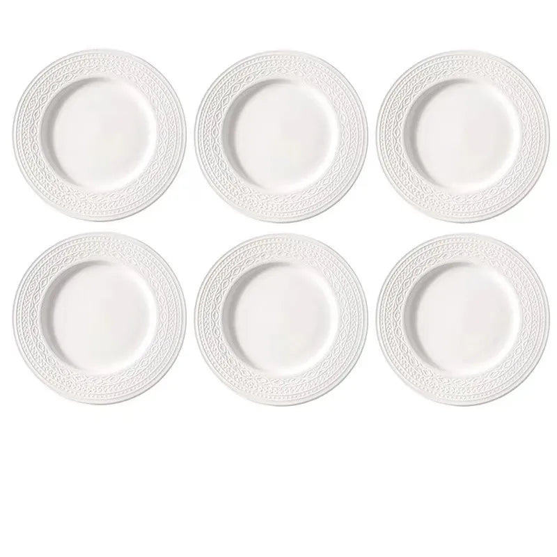 Luxury White Nordic Relief Sculpture Ceramic Tableware Ceramics Dishes Salad Soup Bowl Flat Plates Serving Tray Dinnerware Set