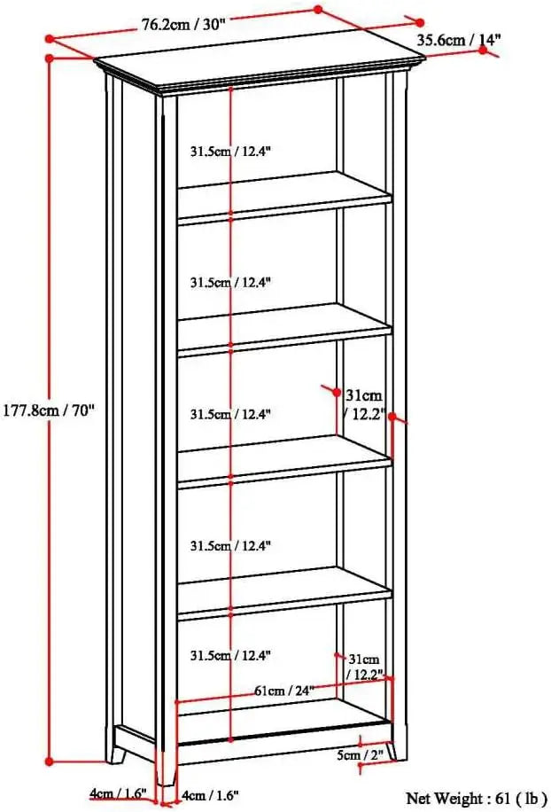 Amherst SOLID WOOD 30 Inch Transitional 5 Shelf Bookcase in Distressed Grey, For the Living Room, Study Room and Office