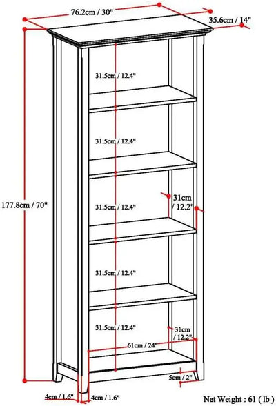 Amherst SOLID WOOD 30 Inch Transitional 5 Shelf Bookcase in Distressed Grey, For the Living Room, Study Room and Office