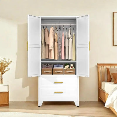 Metal Armoire Wardrobe Closet, Bedroom Clothing Storage Cabinet with 2 Drawers and Hanging Rod, Freestanding Armoire