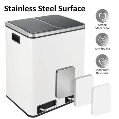 30L Stainless Steel Kitchen Garbage Can, Step-on Classified Recycle Garbage Bin with Removable Inner Buckets